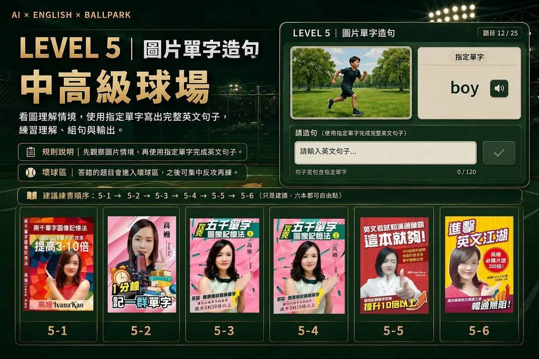 LEVEL 5 中高級球場:看圖用指定單字造句畫面
